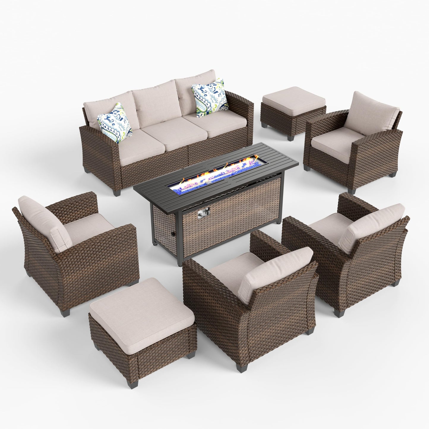 HERA'S HOUSE Patio Furniture Set, Outdoor Wicker Furniture with Fire Pit, 8 Pieces Deep Seating Outdoor Conversation Sofa Sets with Thick Cushions for Deck Backyard Lawn, Beige