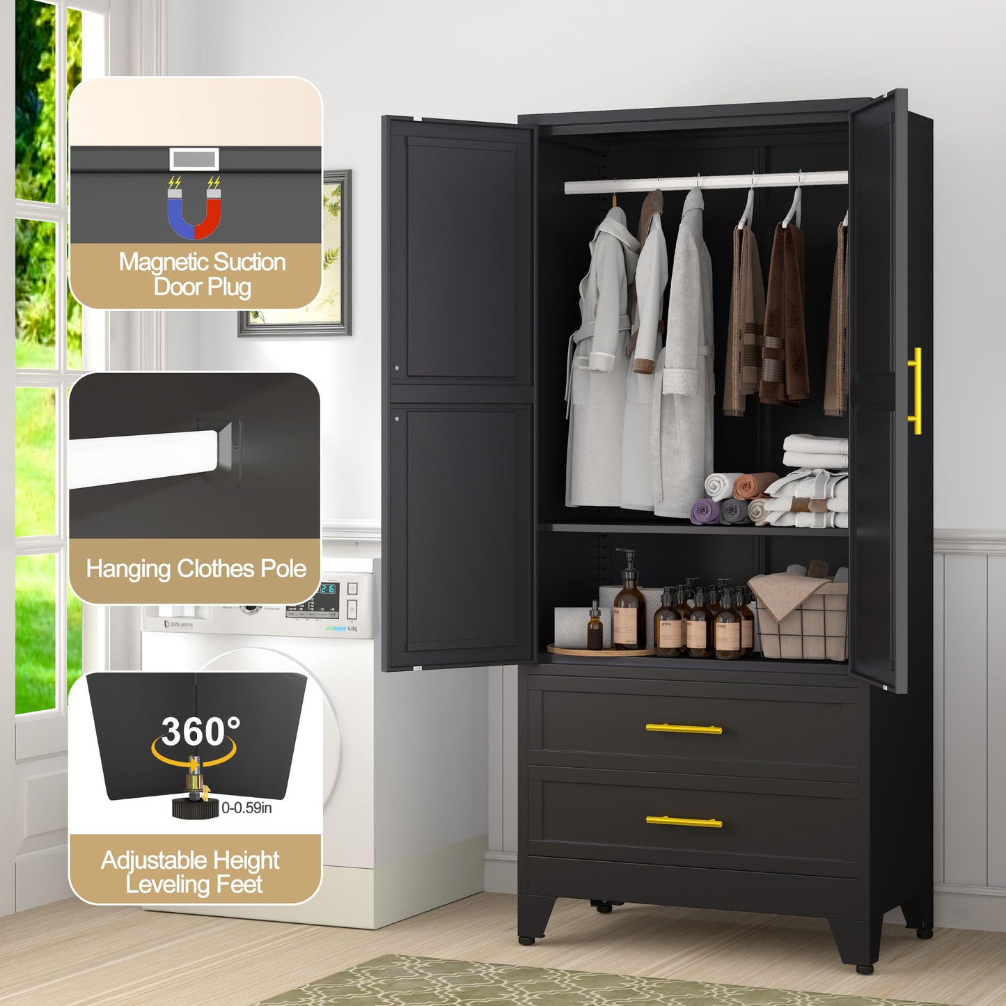GAIOUS Steel Armoire Wardrobe Closet, 71" Metal Clothing Storage Cabinets with 2 Doors, 1 Adjustable Shelf and 2 Drawers, Metal Wardrobe Cabinet with Hanging Rod for Bedroom, Gym, Cloak Room (Black)