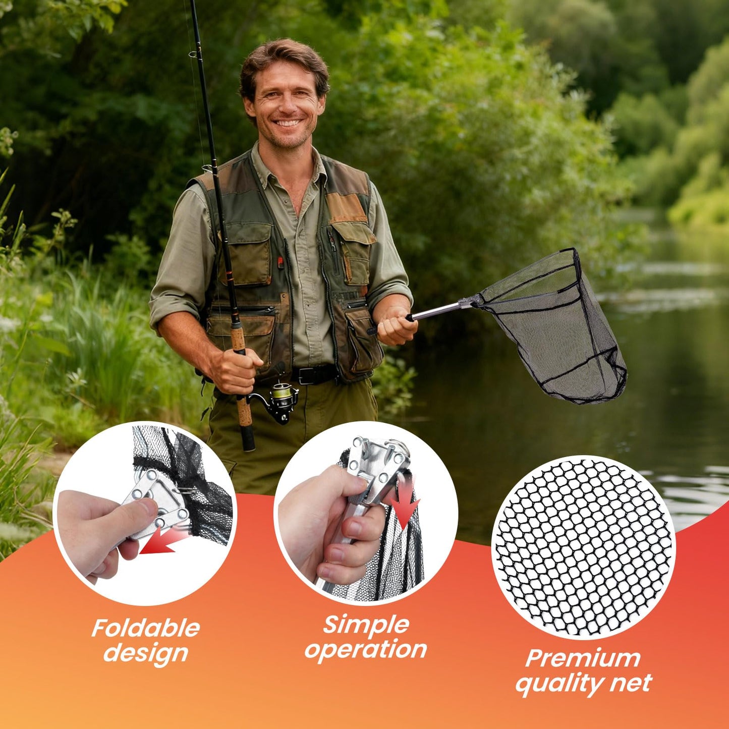 RAWILL 9 Pcs Fishing Tool Kit, Landing Net, Fillet Knife, Hook Remover, Fish Grip, Fish Scale, Pliers with Lanyards, Scissors, As A Gift for Anglers - Red (Not Include Batteries)