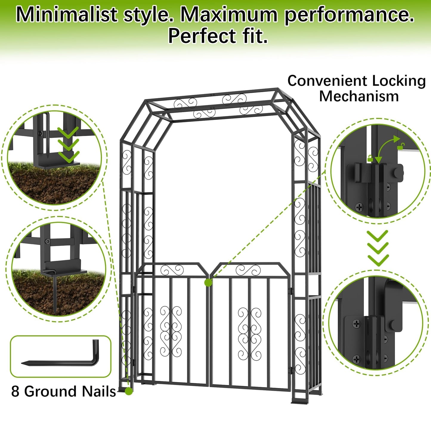YOHKOH Garden Arch with Gate, Metal Garden Arbor with Gate, Double Lockable Design, 59" W x 15.7" D x 94.8" H Outdoor Arch for Climbing Plants, Heavy-Duty Outdoor Arbor for Wedding, Lawn and Backyard