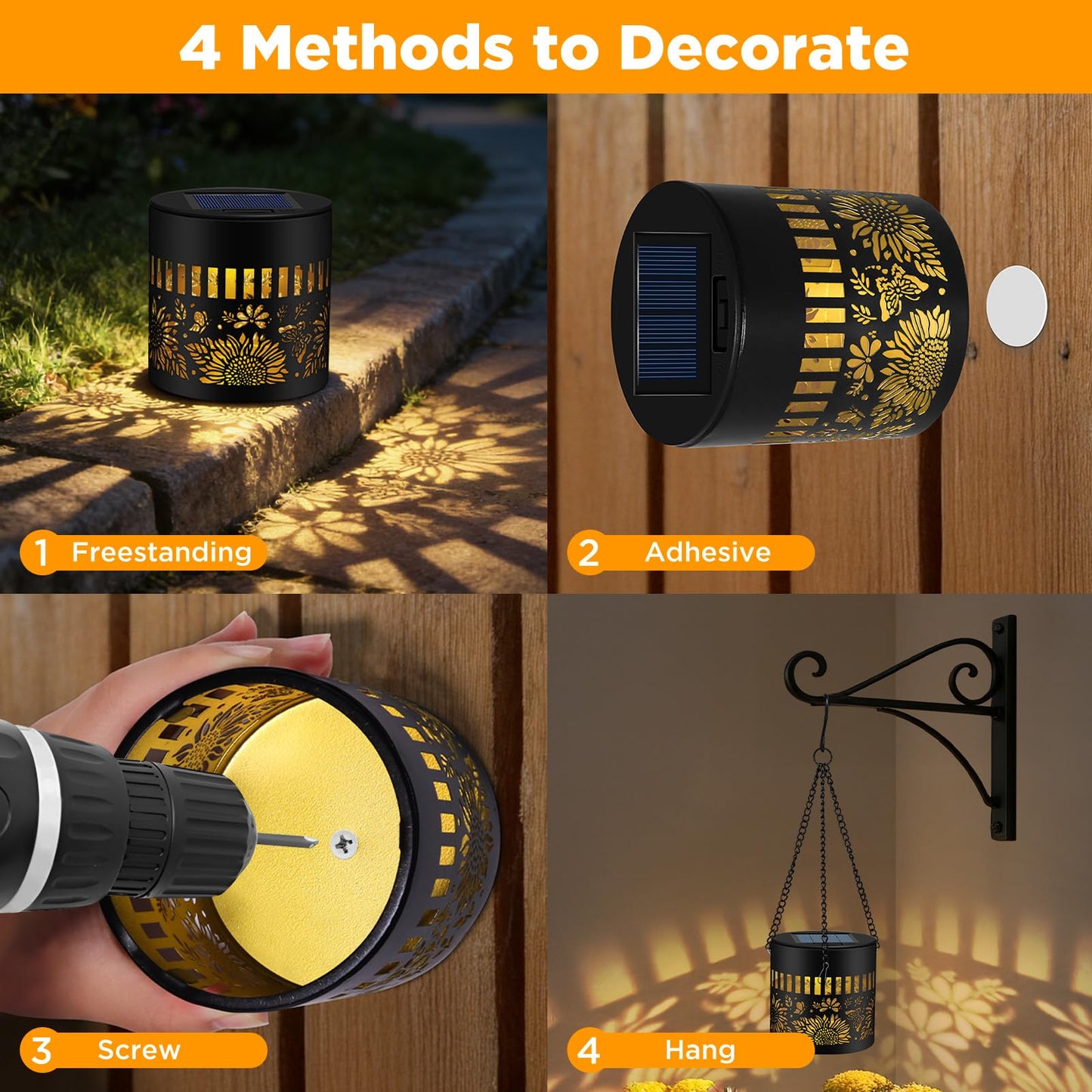 Forlivese 2 Pack Solar Fence Lights Outdoor, Metal Solar Powered Wall Deck Step Lights Sunflower Theme, Hanging LED Waterproof Decorative Lighting for Garden Patio Backyard Post Decor, Gifts for Mom