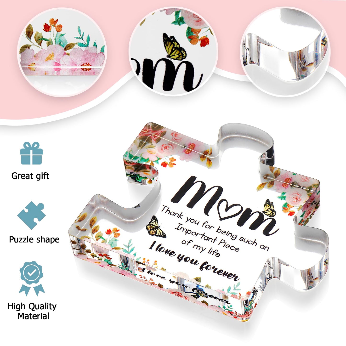 VELENTI Gifts for Mom - Cute Engraved Acrylic Block Puzzles Piece - Adorable Mom Gift from Son, Daughter - Fun Christmas, Mothers Day, Birthday Gift Idea for Mom - Fancy Decoration Piece for Home
