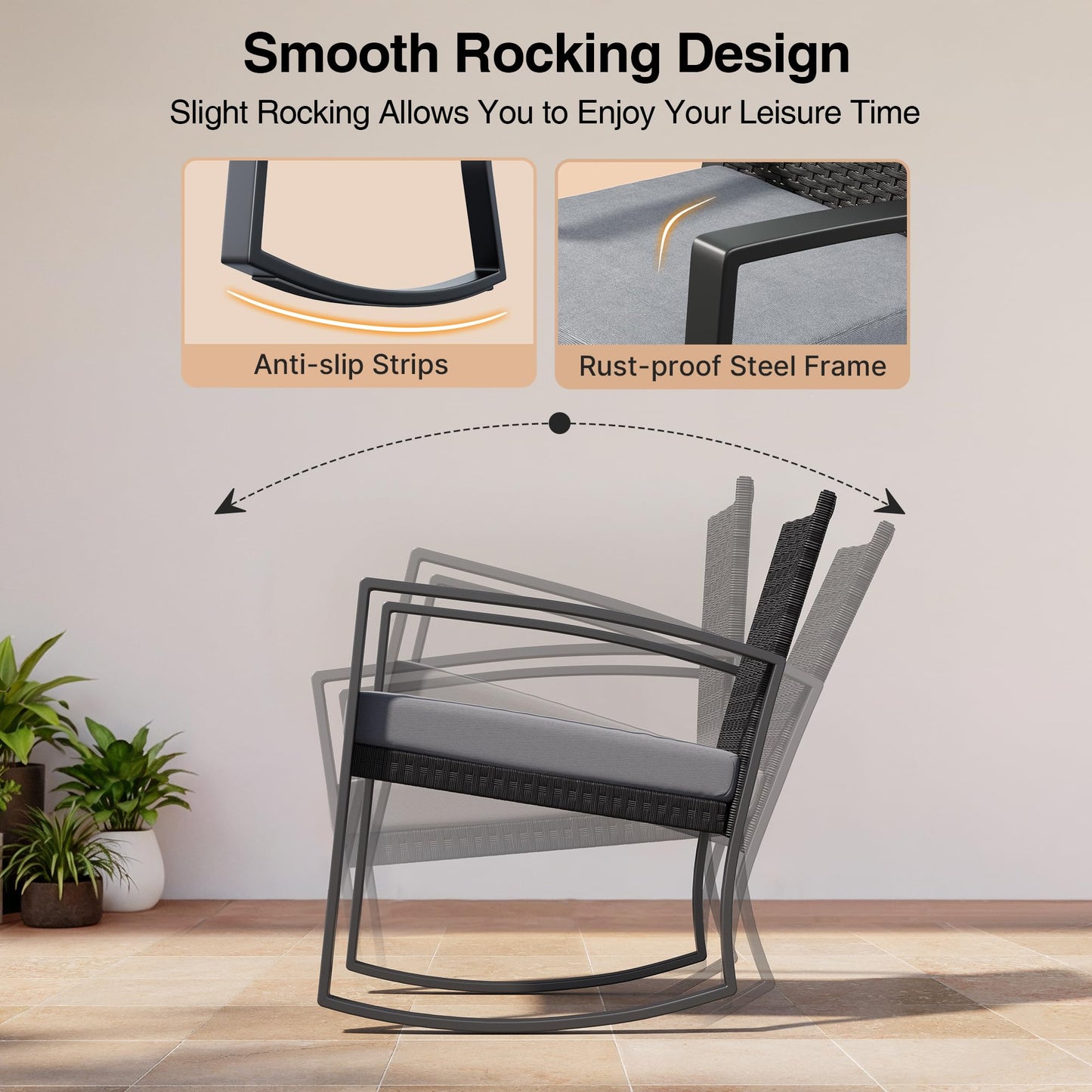 Qsun 3 Pieces Outdoor Patio Furniture Set Rocking Bistro Set Outdoor Rattan Conversation with Coffee Table for Garden Balcony Backyard Poolside (Grey Cushion)