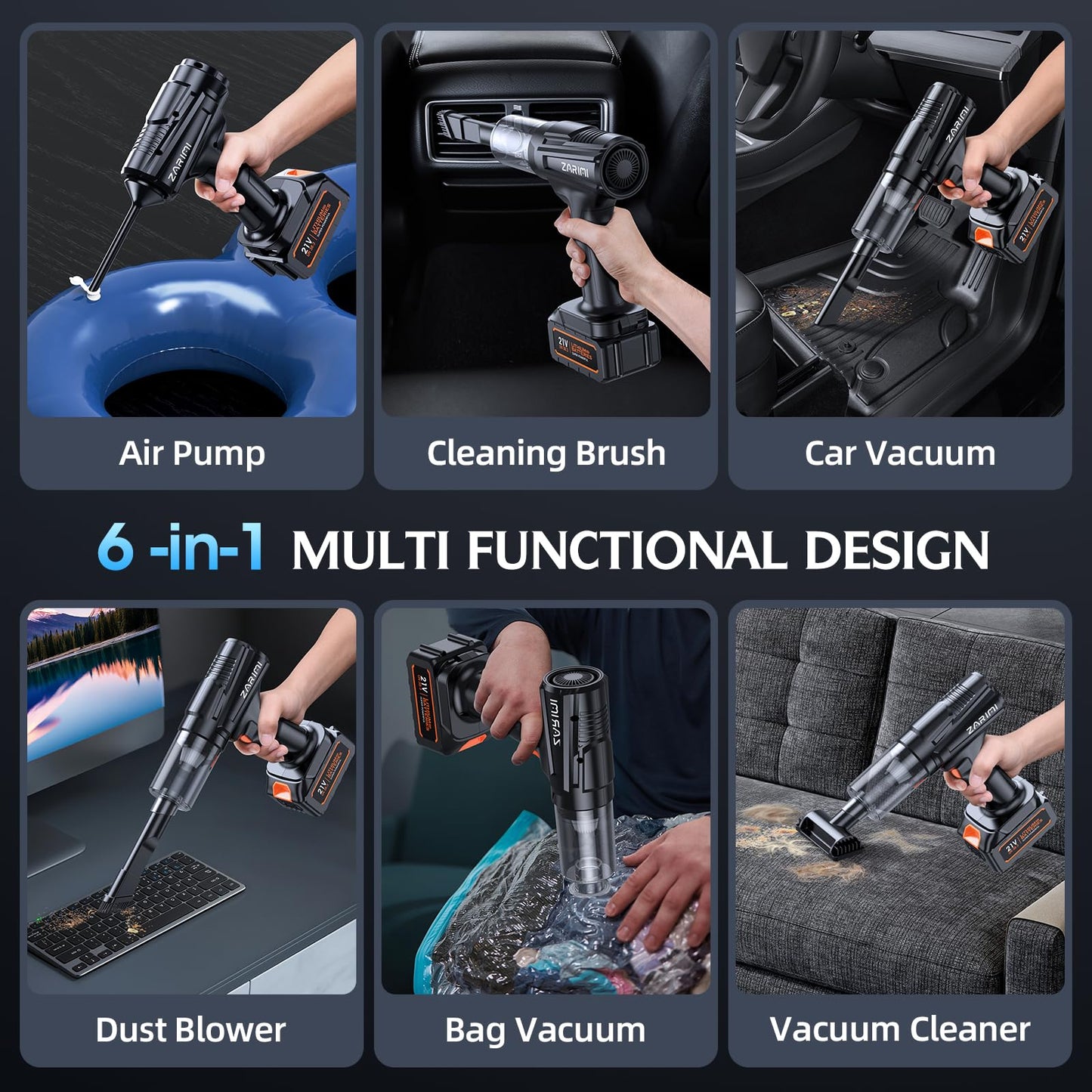ZARIMI Handheld Cordless Vacuum Cleaner - 50000Pa High-Power Brushless Motor, Rechargeable Car Vacuum with 2 Batteries & Charger, 6-in-1 Portable Vacuum Cleaners for Home, Pet Hair, Keyboard, Black
