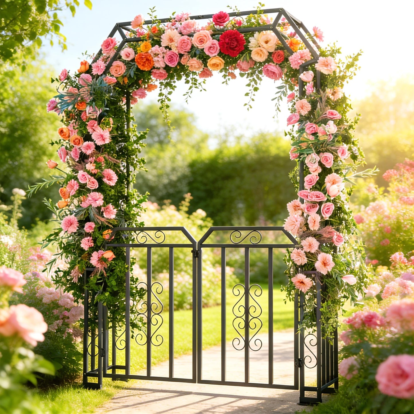 YOHKOH Garden Arch with Gate, Metal Garden Arbor with Gate, Double Lockable Design, 59" W x 15.7" D x 94.8" H Outdoor Arch for Climbing Plants, Heavy-Duty Outdoor Arbor for Wedding, Lawn and Backyard