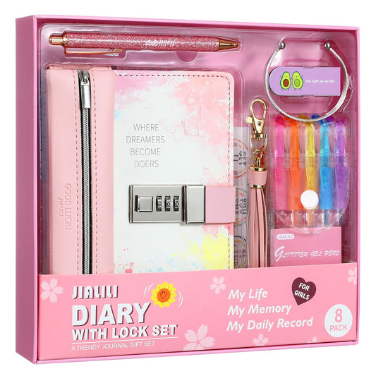 JIALILI Diary with Lock for Girls, Birthday Gift Ideas for 8, 9, 10, 11, 12 Year Old, Kids Journals Set for Girls Ages 8-12 teen, Girls Secret Diary Gift Set With 8 pack