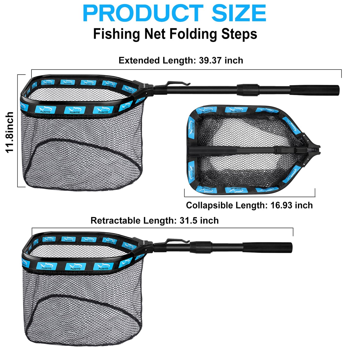 PLUSINNO Floating Fishing Net for Steelhead, Salmon, Fly, Kayak, Catfish, Bass, Trout Fishing, Rubber Coated Foldable Landing Net with Telescoping Pole Handle, Fishing Gear and Gifts for Men (1.0m)