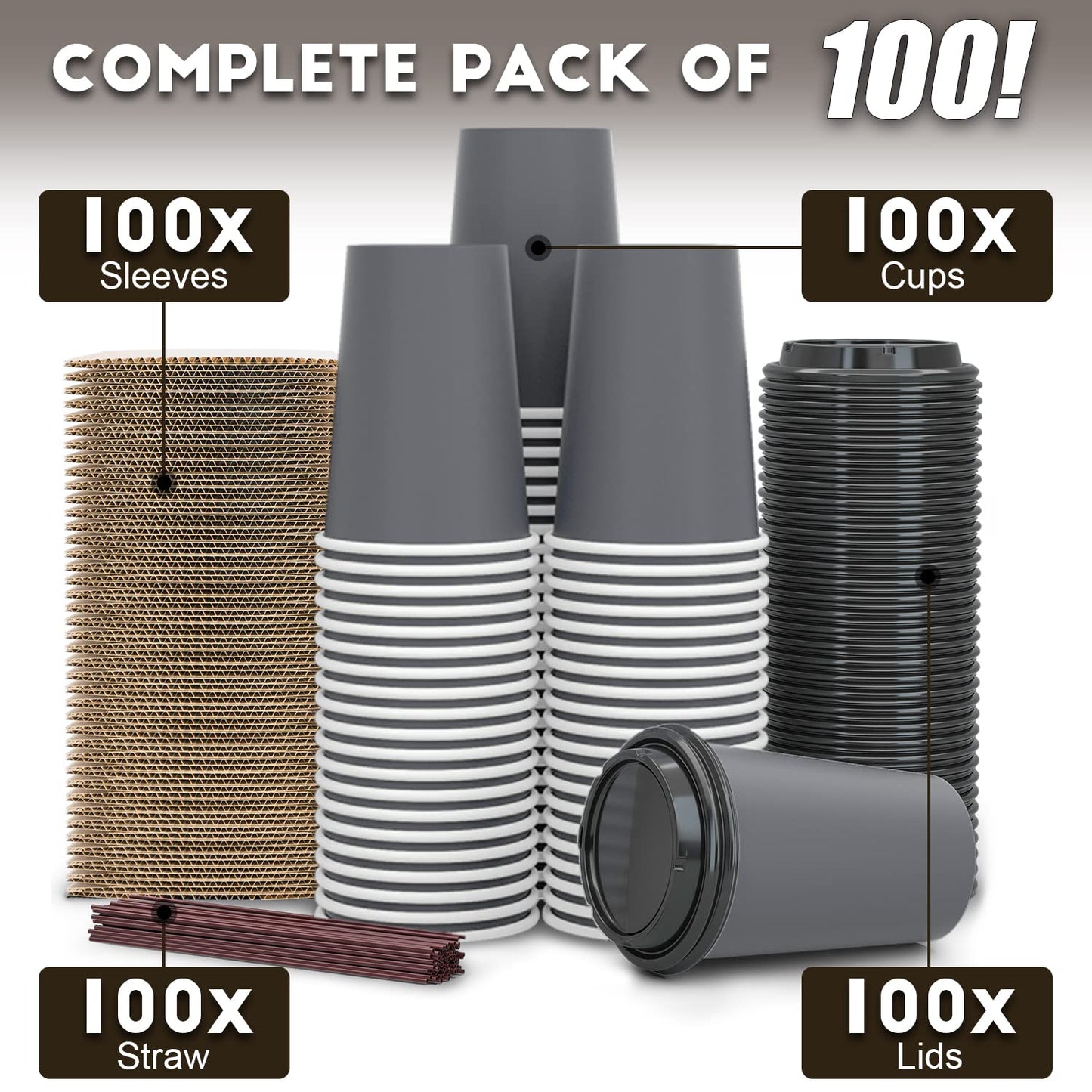 100 Pack - 12 oz Disposable Coffee Cups To Go with Lids Sleeves and Straws 100% Biodegradable & Compostable Pla Eco Friendly Paper Coffee Cups for Tea Coffee Hot Chocolate