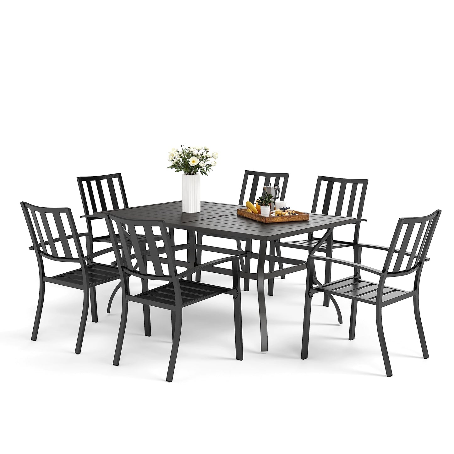 MFSTUDIO Outdoor Dining Set for 6, Patio Table and Chairs Set with Umbrella Hole, 7 Piece Metal Patio Furniture Set for Deck Backyard Poolside Garden