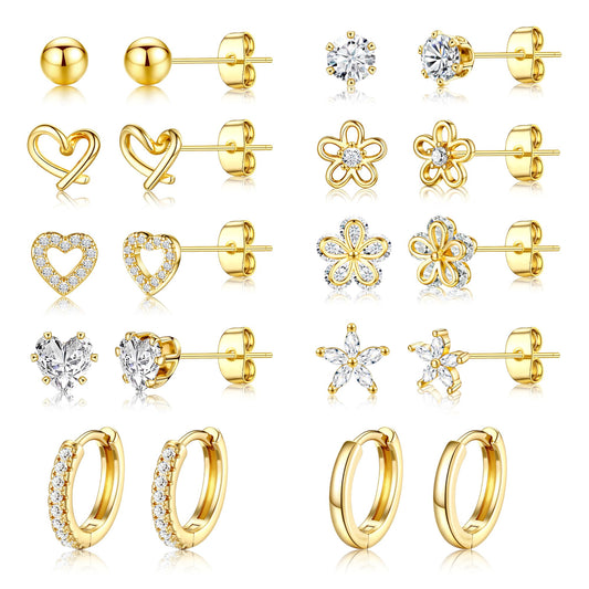 Small Gold Stud Earrings Set for Women - 14K Gold Plated CZ Huggie Hoops Hypoallergenic Earrings Dainty Flower Heart Stud Earring for Jewelry Gift