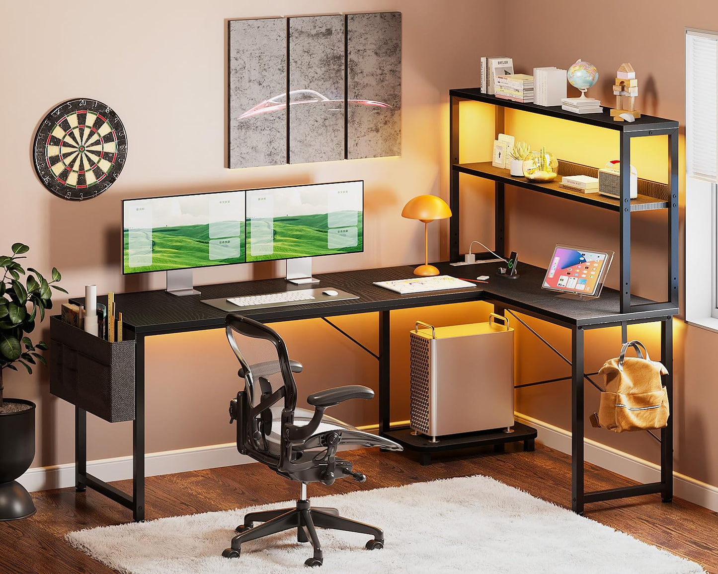 Casaottima 61 Inch Gaming Desk with Power Outlets & LED Lights, Reversible L Shaped Computer Desk with Shelves & Storage Bag, Corner Desk for Home Office, Black