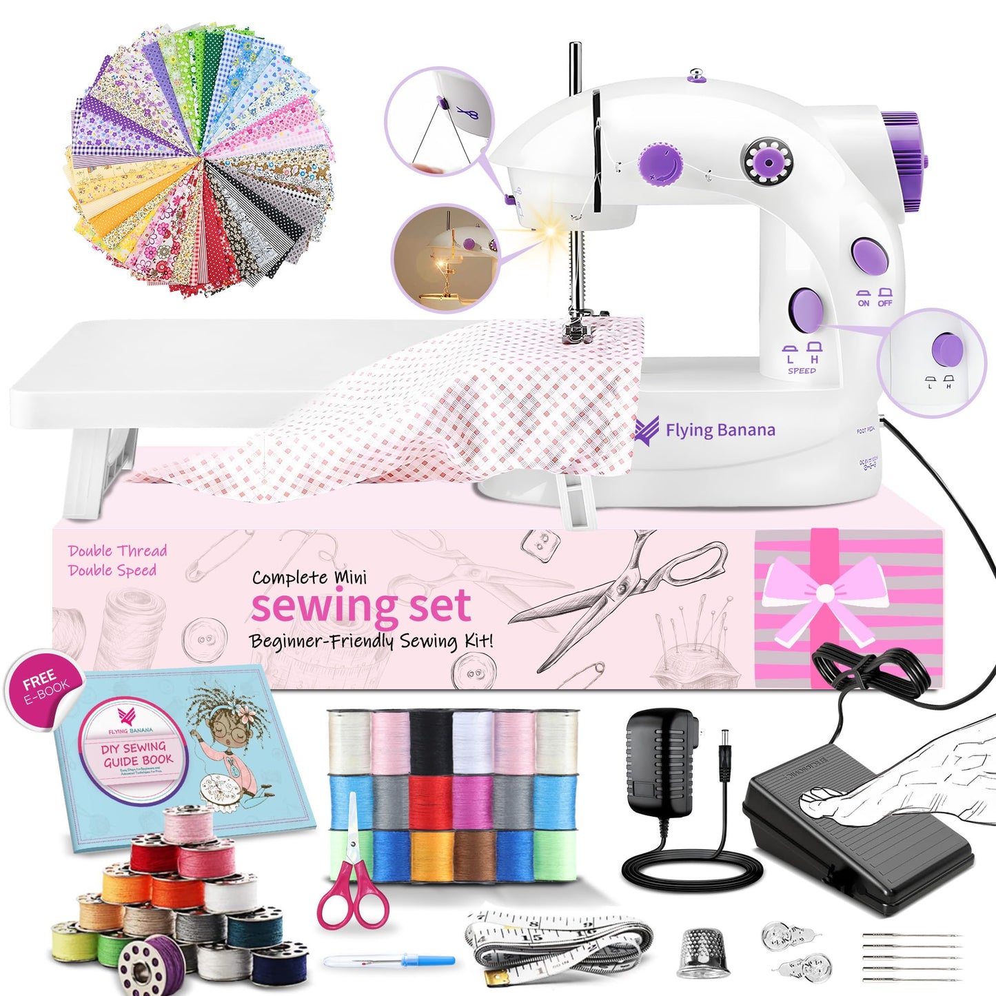 Mini Sewing Machine for Beginners-Maquina de Coser, Easy Automatic Sewing Machine with Extension Table, Household Electric Portable Sewing Tool with Sewing Kit, Small, for All Age, Kids or Adults