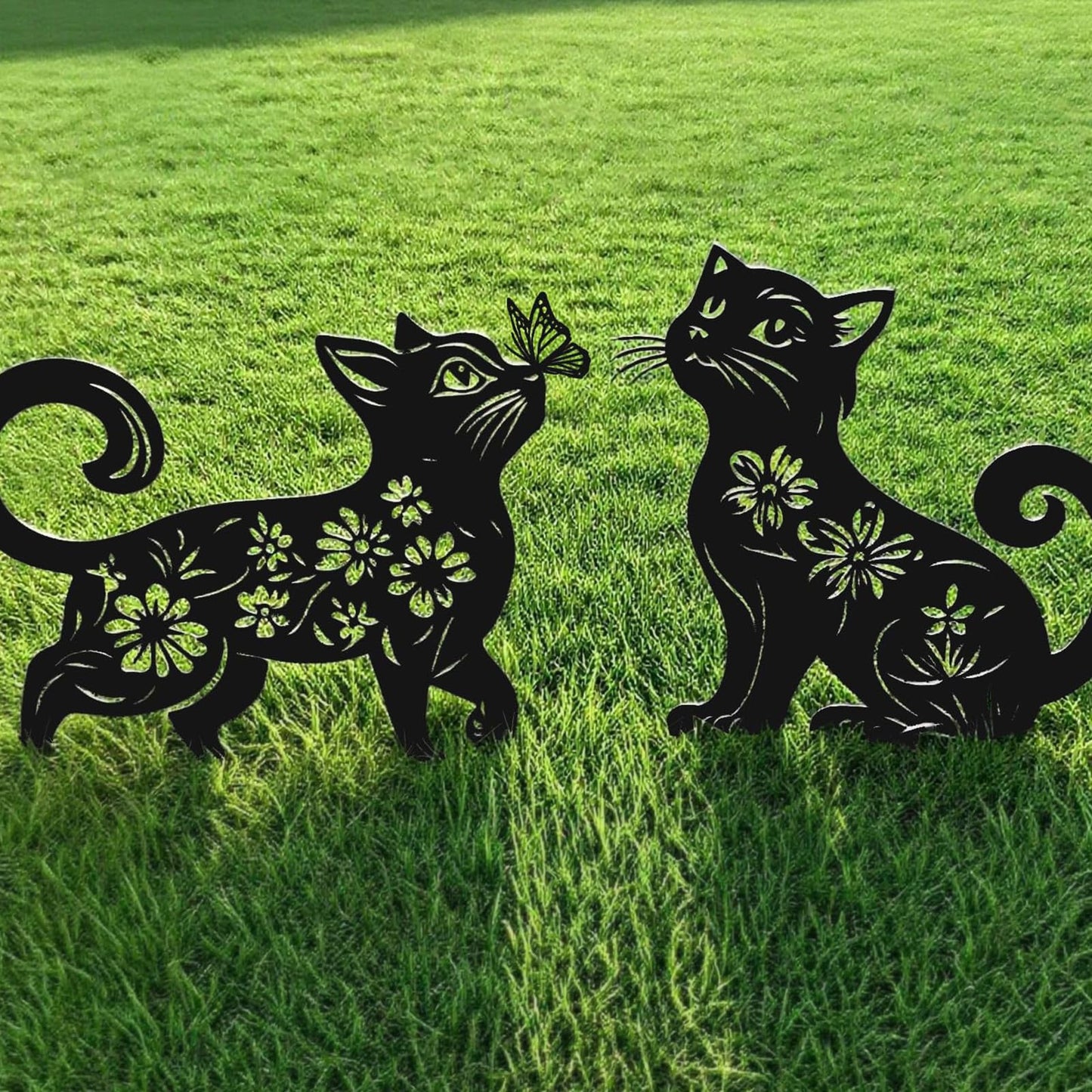 Rioneta Metal Cat Garden Decor for Outside (2 Pack), 14 Inch Yard Art Stakes,Unique Cat Gifts for Kitty Lovers, Outdoor Lawn Statues and Weather Resistant Yard Art