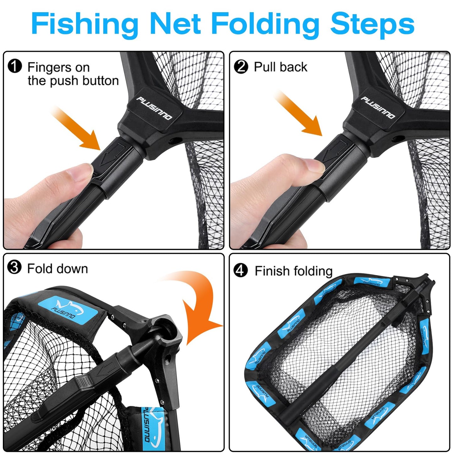 PLUSINNO Floating Fishing Net for Steelhead, Salmon, Fly, Kayak, Catfish, Bass, Trout Fishing, Rubber Coated Foldable Landing Net with Telescoping Pole Handle, Fishing Gear and Gifts for Men (1.0m)