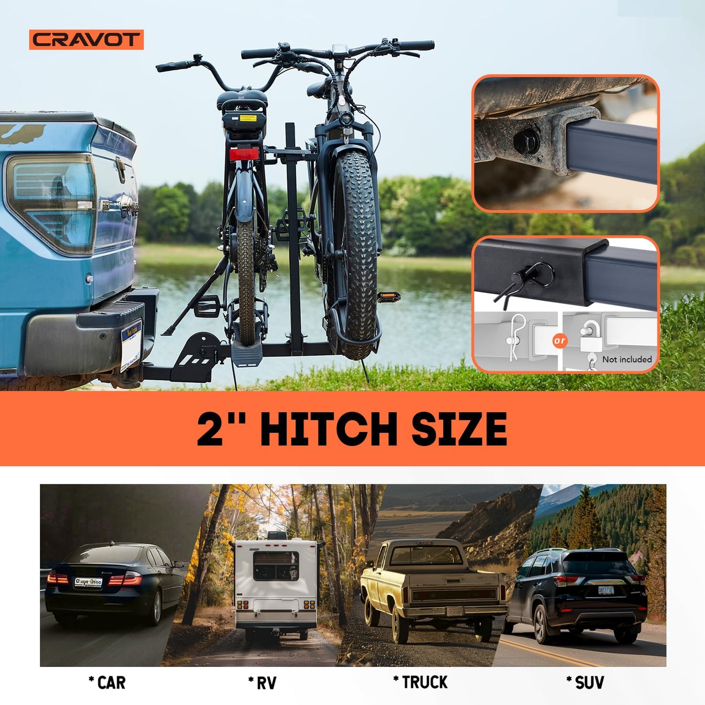 CRAVOT CyberRack E2 Hitch 2 E-Bike Rack with Ramp,200 lbs Capacity Electric Bike Carrier Foldable Platform Mount, Up to 5-inch Fat Tire Bicycle for 2'' Receiver Cars Trucks SUVs Minivans RV, Trailer