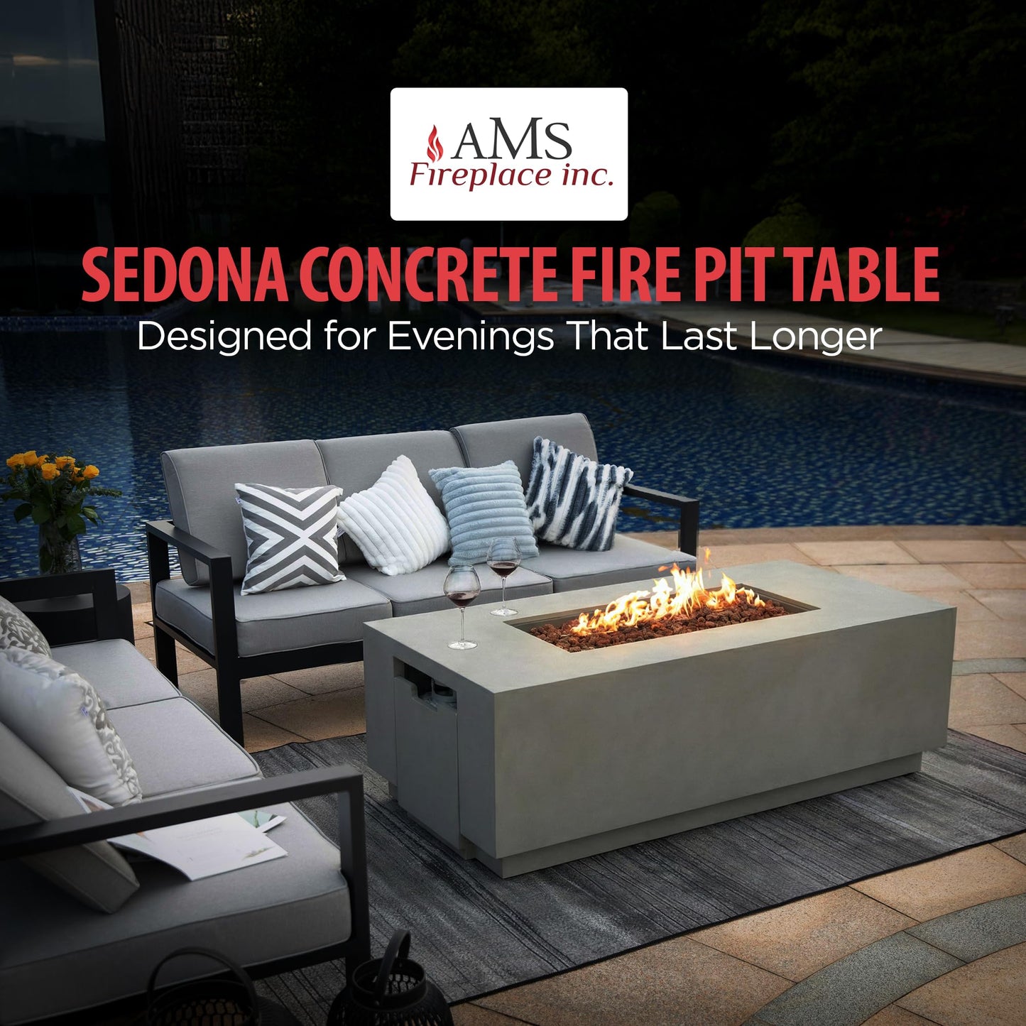 AMS Fireplace Genuine Concrete Rectangular Propane Fire Pit Table for Outside Patio (66" Sedona) | Hidden Tank Drawer & Electronic Ignition | w/Bonus Ice Bucket and Rubber Mat (Light Gray)
