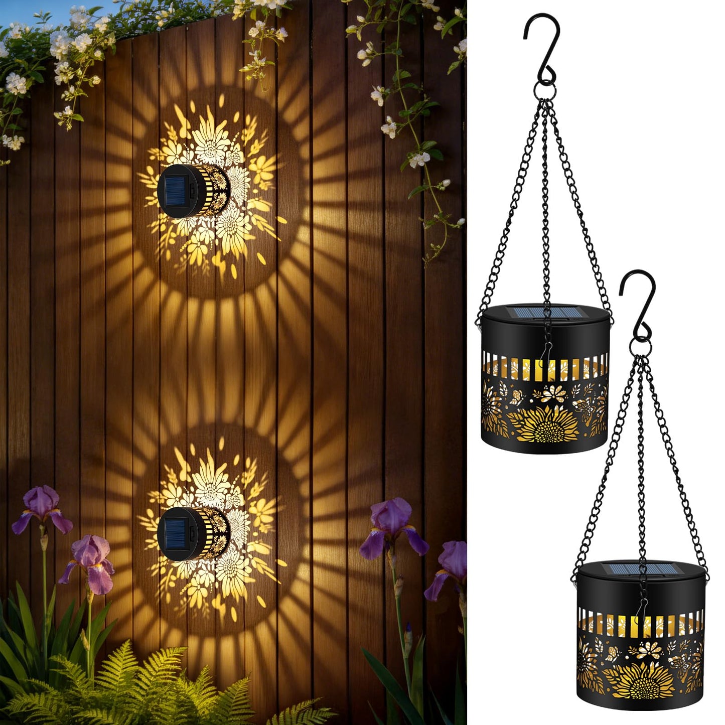 Forlivese 2 Pack Solar Fence Lights Outdoor, Metal Solar Powered Wall Deck Step Lights Sunflower Theme, Hanging LED Waterproof Decorative Lighting for Garden Patio Backyard Post Decor, Gifts for Mom