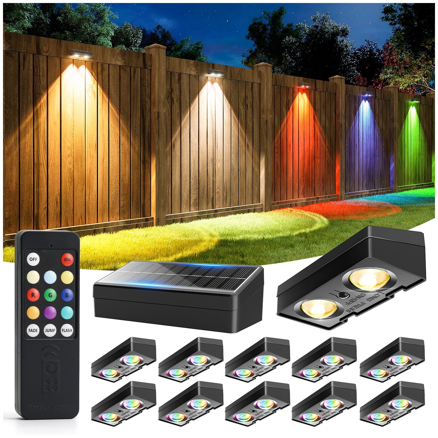 JOFIOS Fence Lights Solar Powered with Remote 12 Pack, Warm White, Cool White and RGB Color Glow LED Solar Lights Outdoor, Dusk to Dawn Solar Fence Lights for Patio, Backyard, Railing, Deck, and Wall