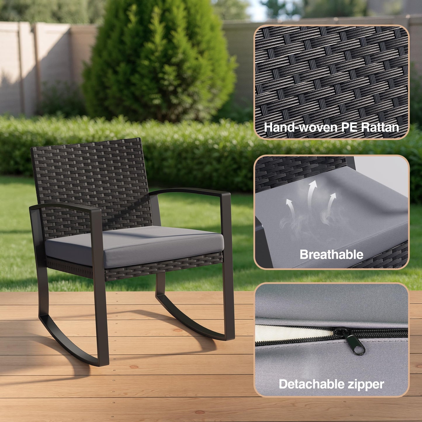 Qsun 3 Pieces Outdoor Patio Furniture Set Rocking Bistro Set Outdoor Rattan Conversation with Coffee Table for Garden Balcony Backyard Poolside (Grey Cushion)