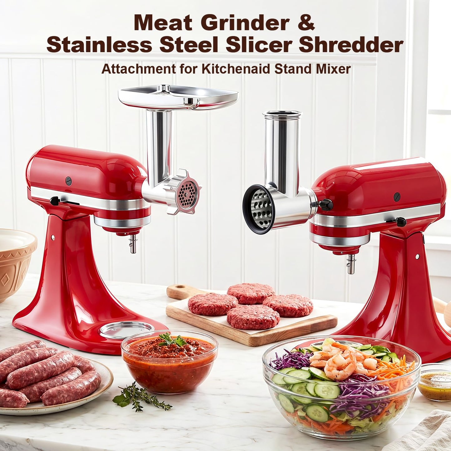 Meat Grinder & Stainless Steel Cheese Grater Attachment for KitchenAid Stand Mixer - 2 Pcs Kitchen Aid Accessories and Attachments Including Slicer Shredder and Food Grinder Attachment