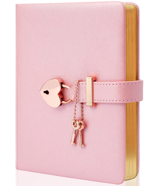 CAGIE Diary with Lock for Girls Ages 8-12 Journal with Lock and Key 296 Gold Edged Pages Heart-Shaped Locked Journal for Women Teen Girls with Gift Box (A - Pearl Pink)