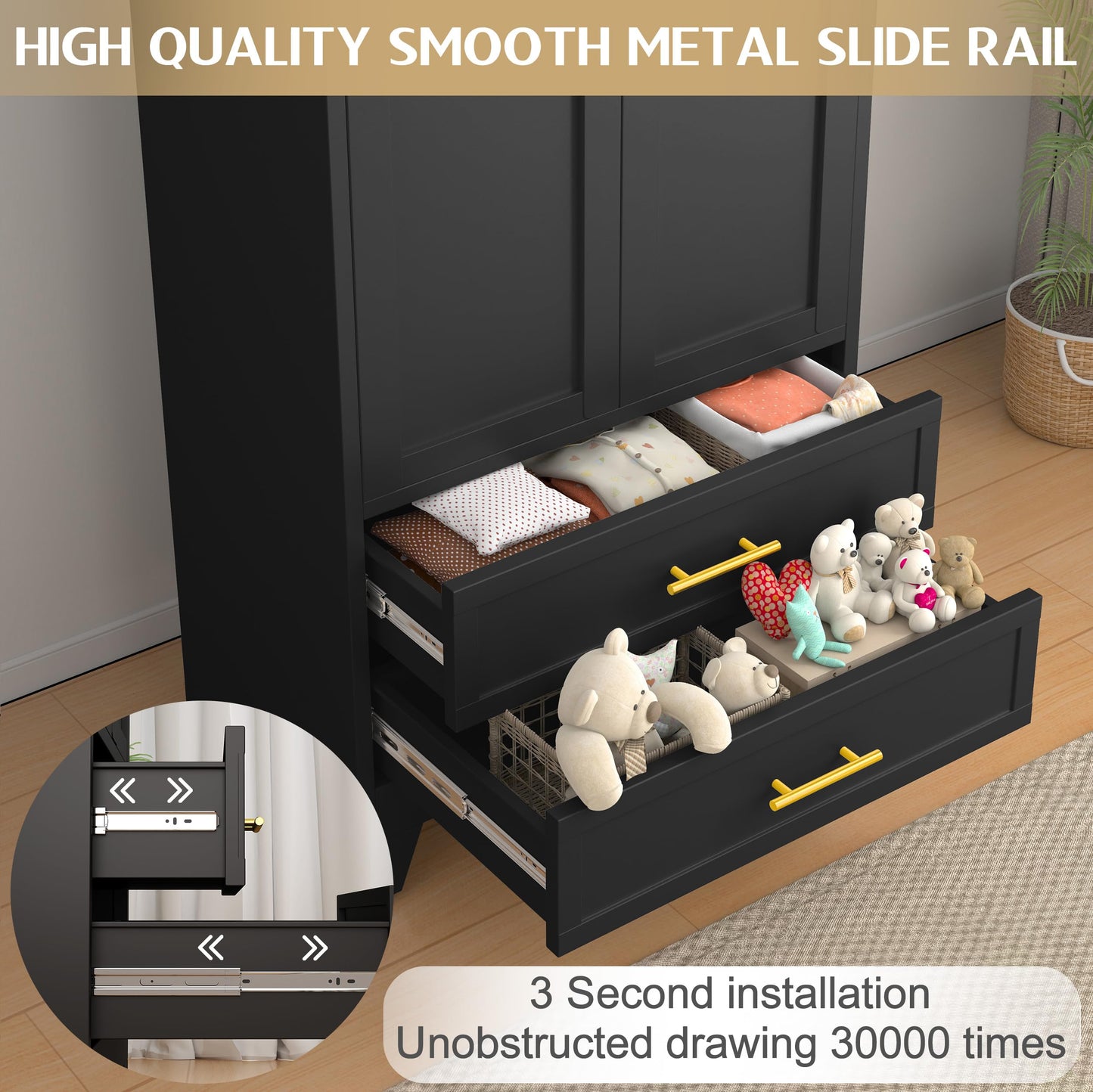 GAIOUS Steel Armoire Wardrobe Closet, 71" Metal Clothing Storage Cabinets with 2 Doors, 1 Adjustable Shelf and 2 Drawers, Metal Wardrobe Cabinet with Hanging Rod for Bedroom, Gym, Cloak Room (Black)
