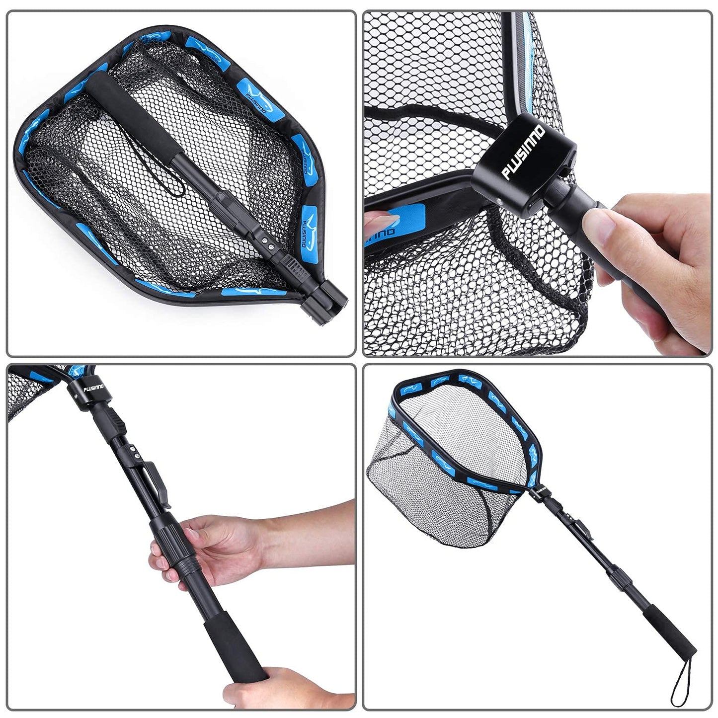 PLUSINNO Floating Fishing Net for Steelhead, Salmon, Fly, Kayak, Catfish, Bass, Trout Fishing, Rubber Coated Foldable Landing Net with Telescoping Pole Handle, Fishing Gear and Gifts for Men (1.0m)