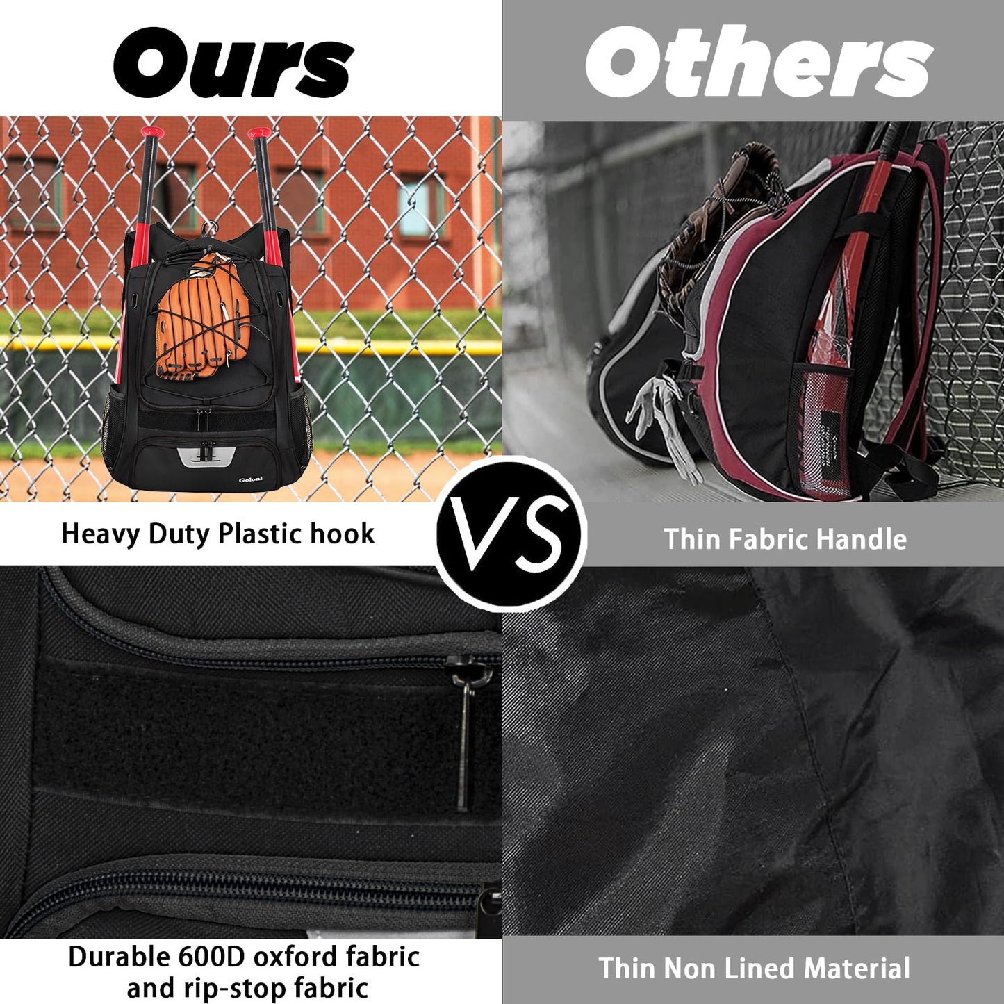 Goloni | Baseball Backpack Bag For Adult and Youth Baseball & Softball Equipment Bags Bat bag | shoes compartment & Fence Hook
