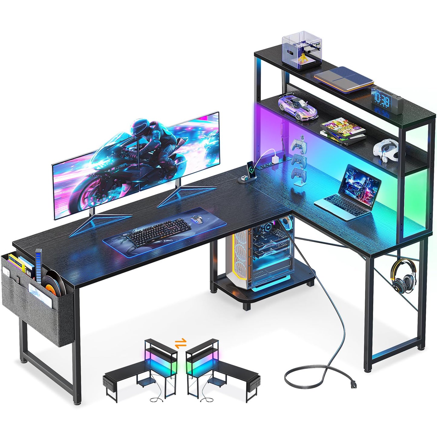 Casaottima 61 Inch Gaming Desk with Power Outlets & LED Lights, Reversible L Shaped Computer Desk with Shelves & Storage Bag, Corner Desk for Home Office, Black