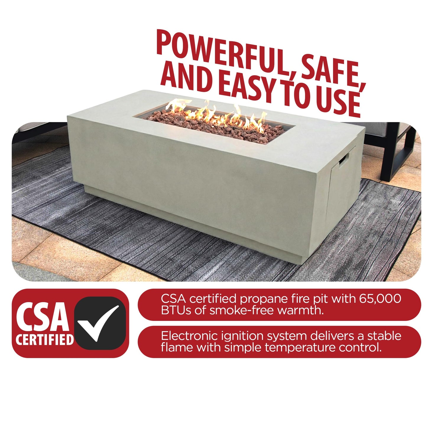 AMS Fireplace Genuine Concrete Rectangular Propane Fire Pit Table for Outside Patio (66" Sedona) | Hidden Tank Drawer & Electronic Ignition | w/Bonus Ice Bucket and Rubber Mat (Light Gray)