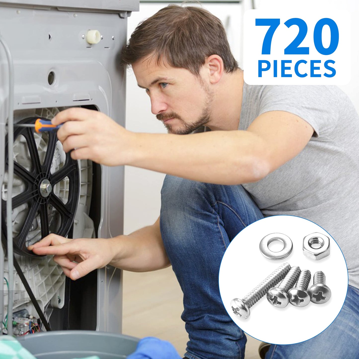 720Pcs Machine Screw Assortment Kit, #10-24#8-32#6-32#4-40 Phillips Pan Head Assorted Nuts Bolts and Flat Washers Kit, Stainless Steel Screws Hardware Assortment with Case