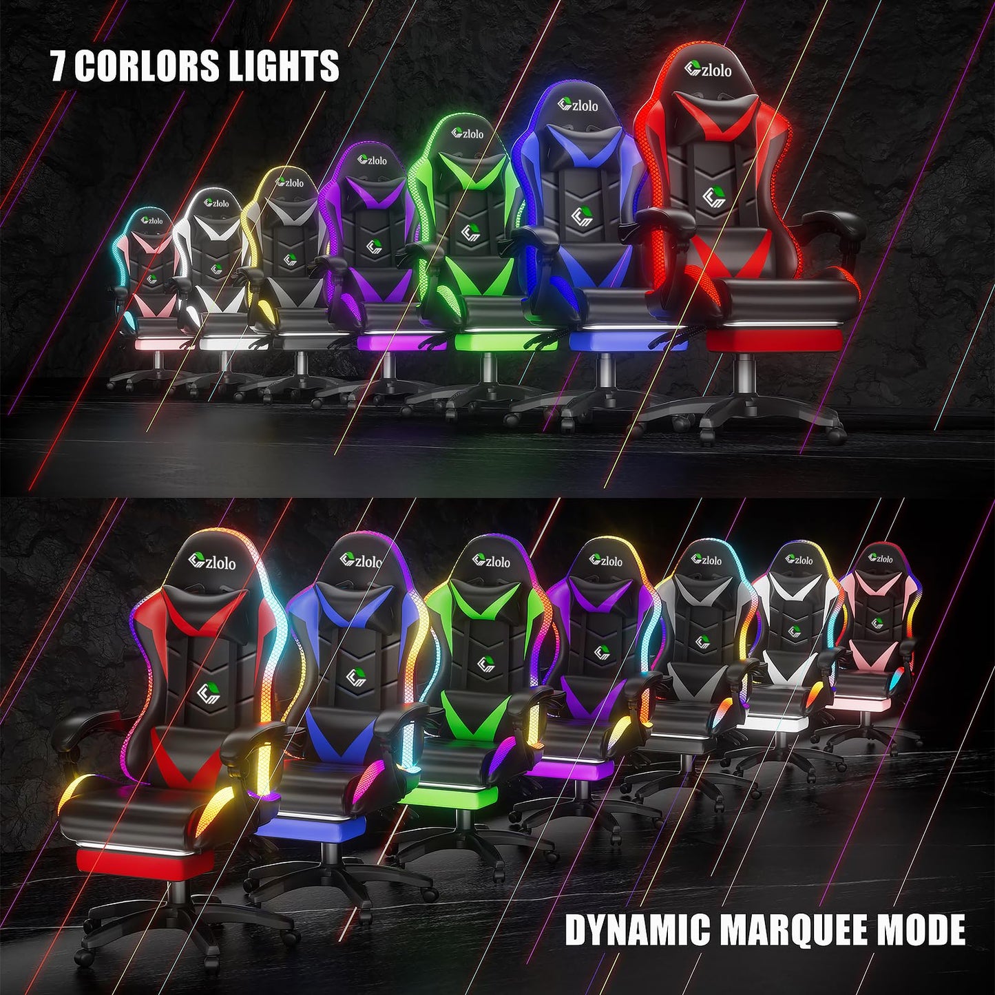 Czlolo Gaming Chair, Racing Style RGB LED Lights Gaming Chairs for Adults and Kids, Lumbar Massager Gamer Chair, High Back Reclining Computer Chair with Footrest and Headrest (Black/White)