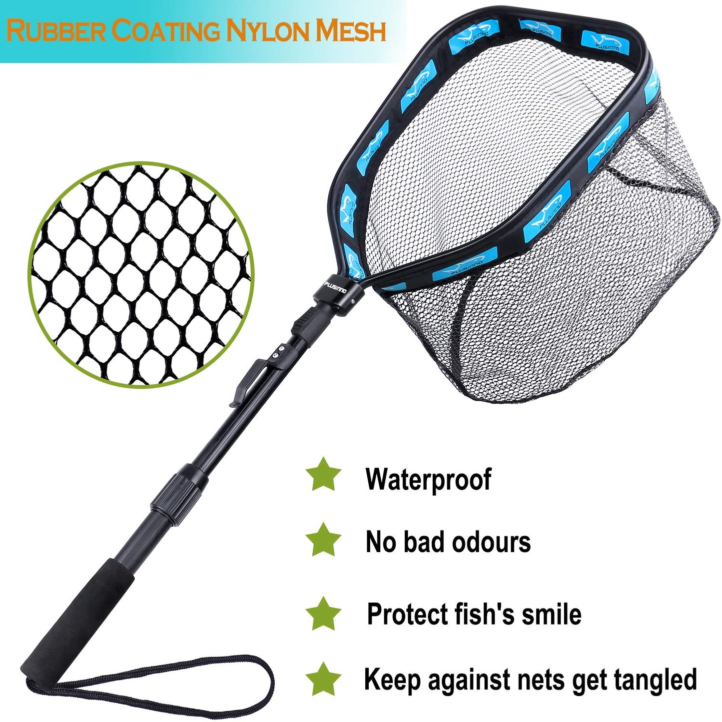 PLUSINNO Floating Fishing Net for Steelhead, Salmon, Fly, Kayak, Catfish, Bass, Trout Fishing, Rubber Coated Foldable Landing Net with Telescoping Pole Handle, Fishing Gear and Gifts for Men (1.0m)