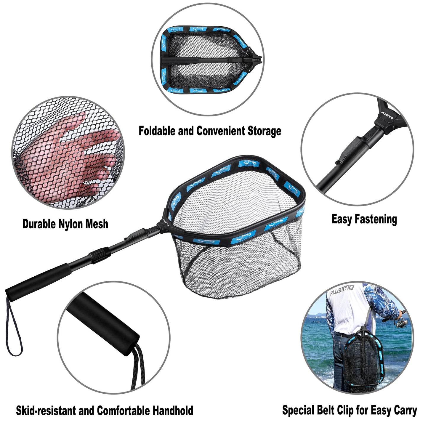 PLUSINNO Floating Fishing Net for Steelhead, Salmon, Fly, Kayak, Catfish, Bass, Trout Fishing, Rubber Coated Foldable Landing Net with Telescoping Pole Handle, Fishing Gear and Gifts for Men (1.0m)