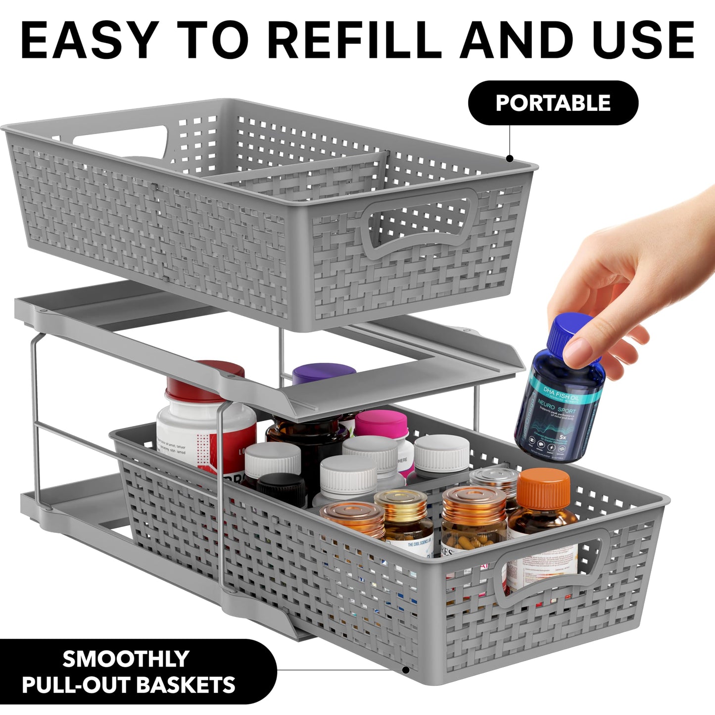 Simple Houseware 2 Tier Bathroom Organizer Tray Pull-Out Sliding Drawer, Under Sink Storage, Gray