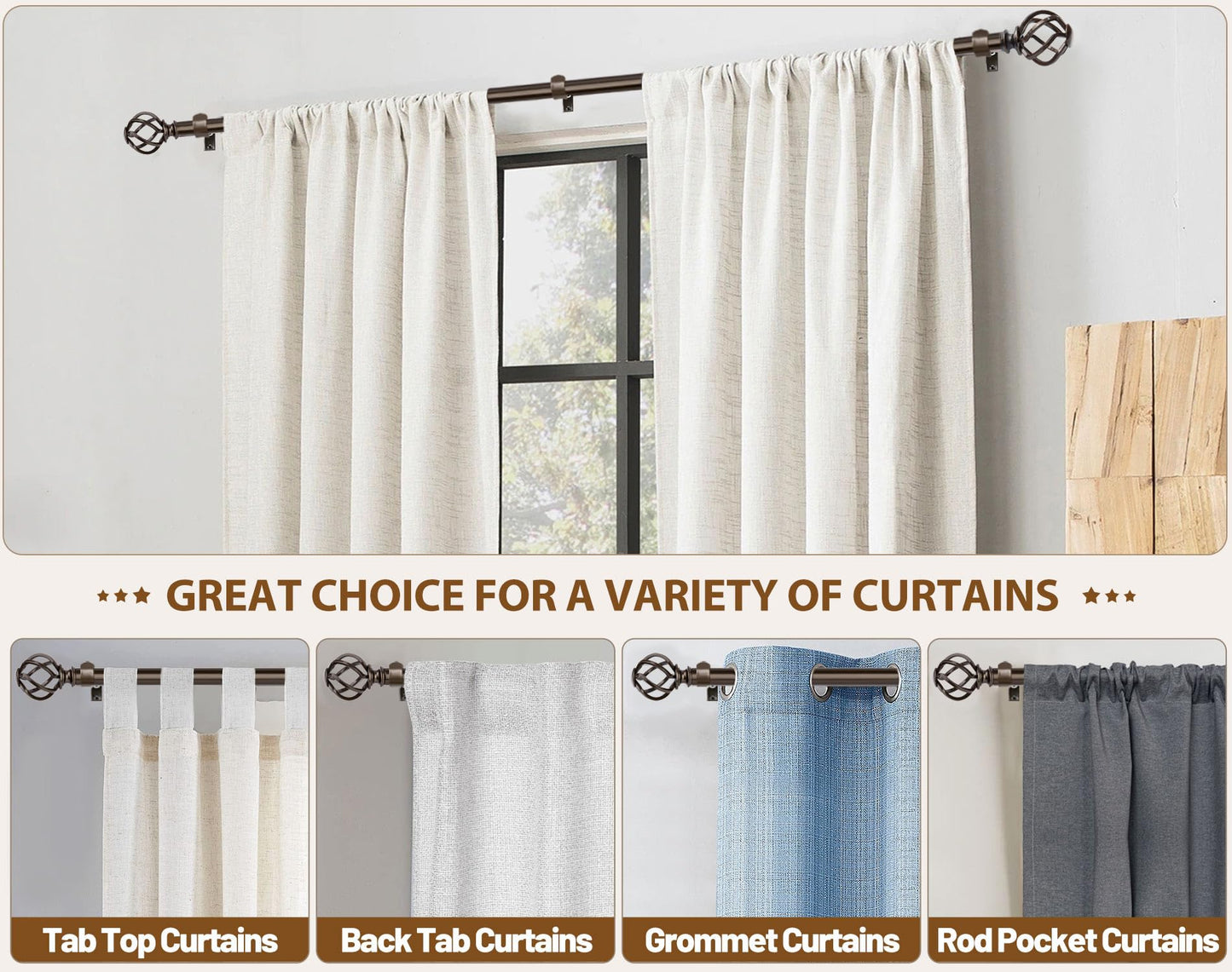 KAMANINA Bronze Curtain Rods for Windows 72 to 144 Inches (6-12ft), 1 Inch Long Curtain Rod 32 to 144, Heavy Duty Decorative Single Drapery Rods, Twisted Cage End