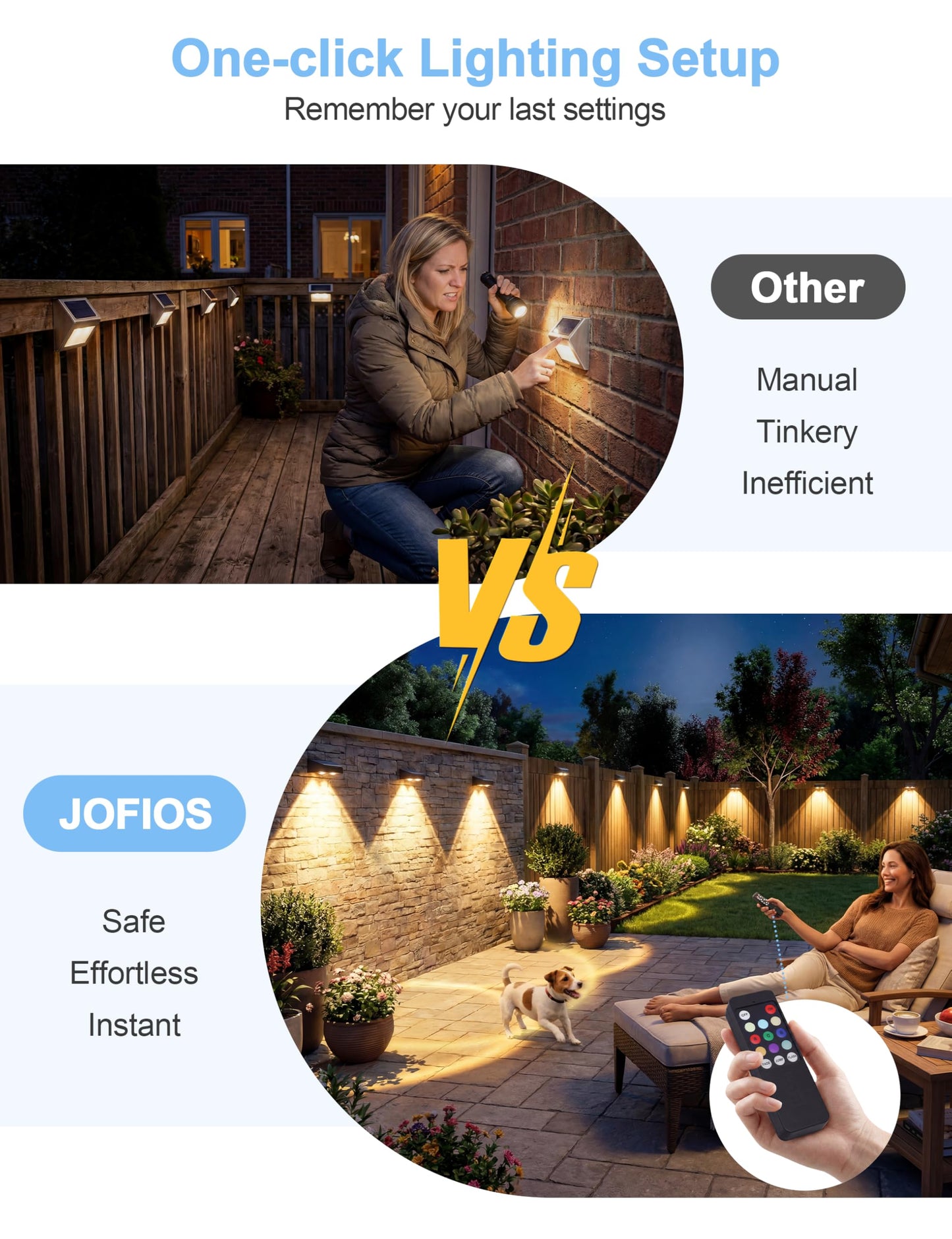 JOFIOS Fence Lights Solar Powered with Remote 12 Pack, Warm White, Cool White and RGB Color Glow LED Solar Lights Outdoor, Dusk to Dawn Solar Fence Lights for Patio, Backyard, Railing, Deck, and Wall
