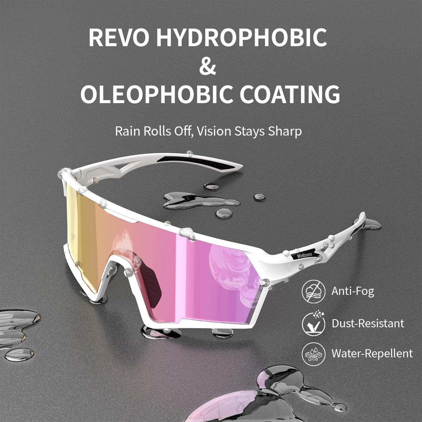 Veltuno Photochromic Cycling Sunglasses for Men Women Youth, UV Protection Sports Sunglasses for Baseball, Running, Driving (White Frame/Revo Pink Lens)