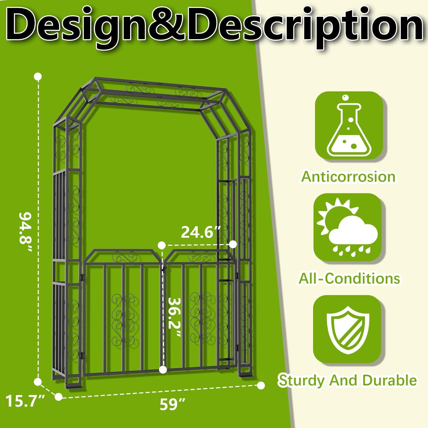 YOHKOH Garden Arch with Gate, Metal Garden Arbor with Gate, Double Lockable Design, 59" W x 15.7" D x 94.8" H Outdoor Arch for Climbing Plants, Heavy-Duty Outdoor Arbor for Wedding, Lawn and Backyard