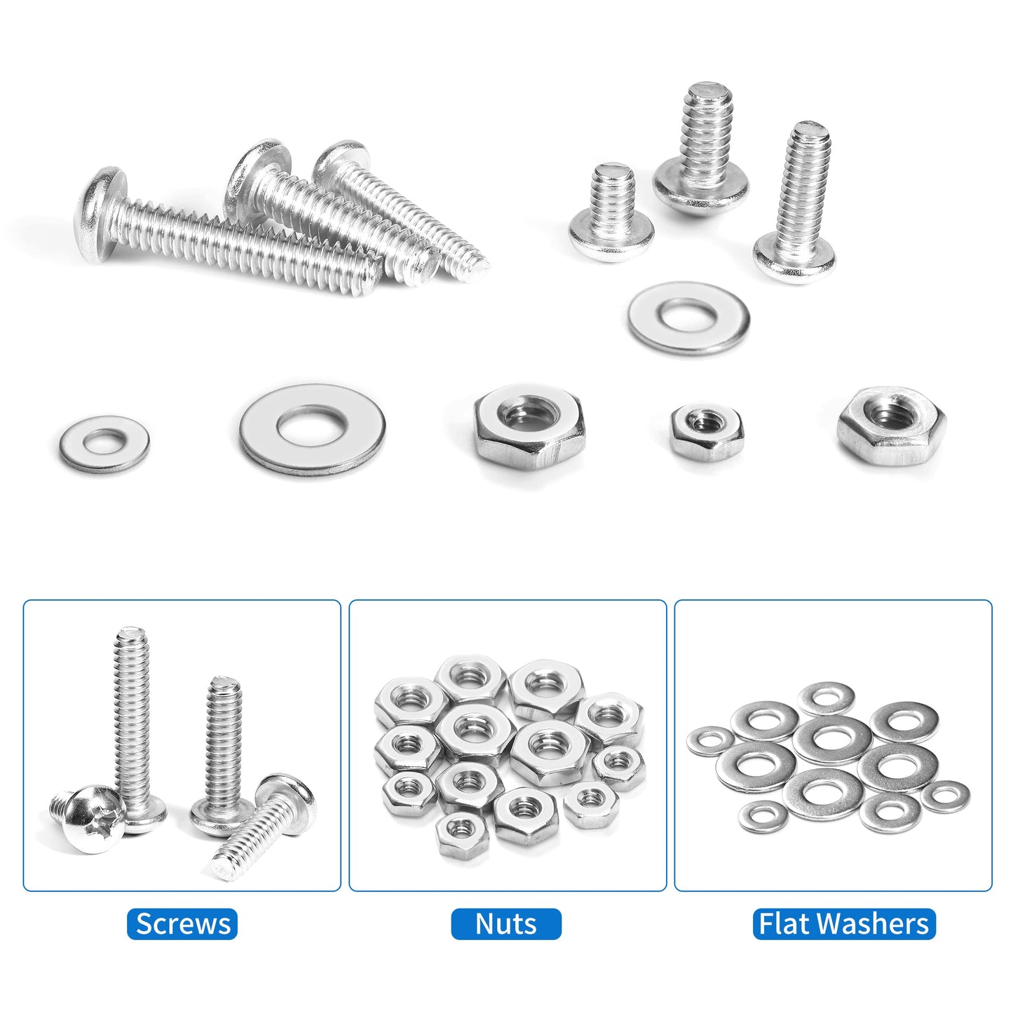 720Pcs Machine Screw Assortment Kit, #10-24#8-32#6-32#4-40 Phillips Pan Head Assorted Nuts Bolts and Flat Washers Kit, Stainless Steel Screws Hardware Assortment with Case