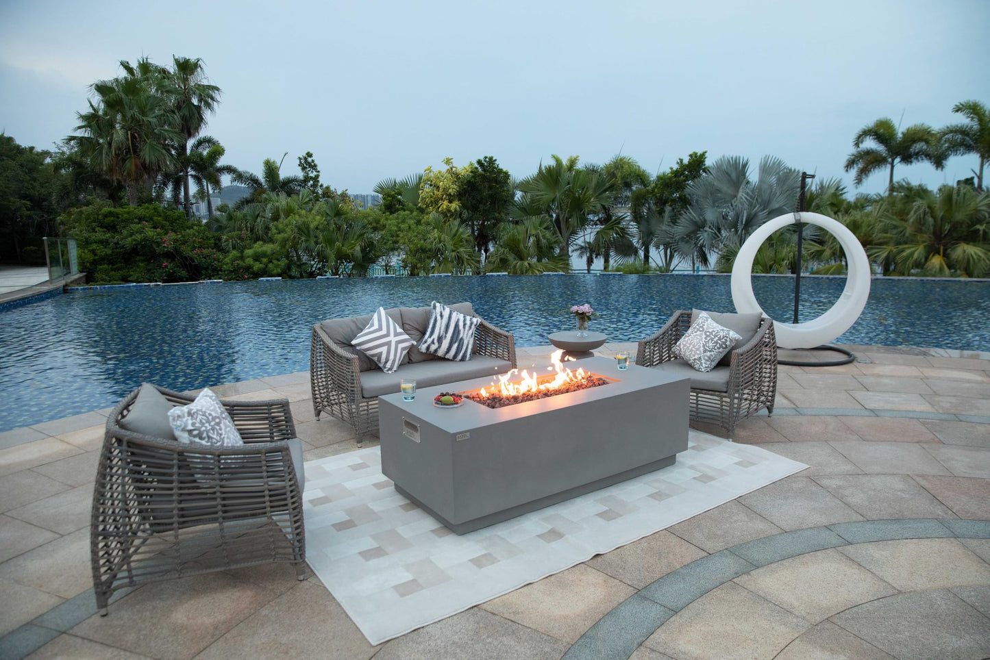 AMS Fireplace Genuine Concrete Rectangular Propane Fire Pit Table for Outside Patio (66" Sedona) | Hidden Tank Drawer & Electronic Ignition | w/Bonus Ice Bucket and Rubber Mat (Light Gray)