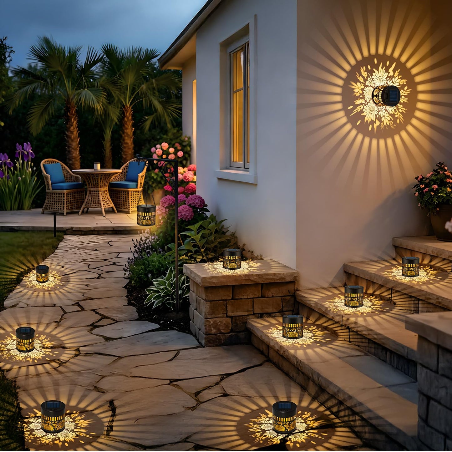 Forlivese 2 Pack Solar Fence Lights Outdoor, Metal Solar Powered Wall Deck Step Lights Sunflower Theme, Hanging LED Waterproof Decorative Lighting for Garden Patio Backyard Post Decor, Gifts for Mom