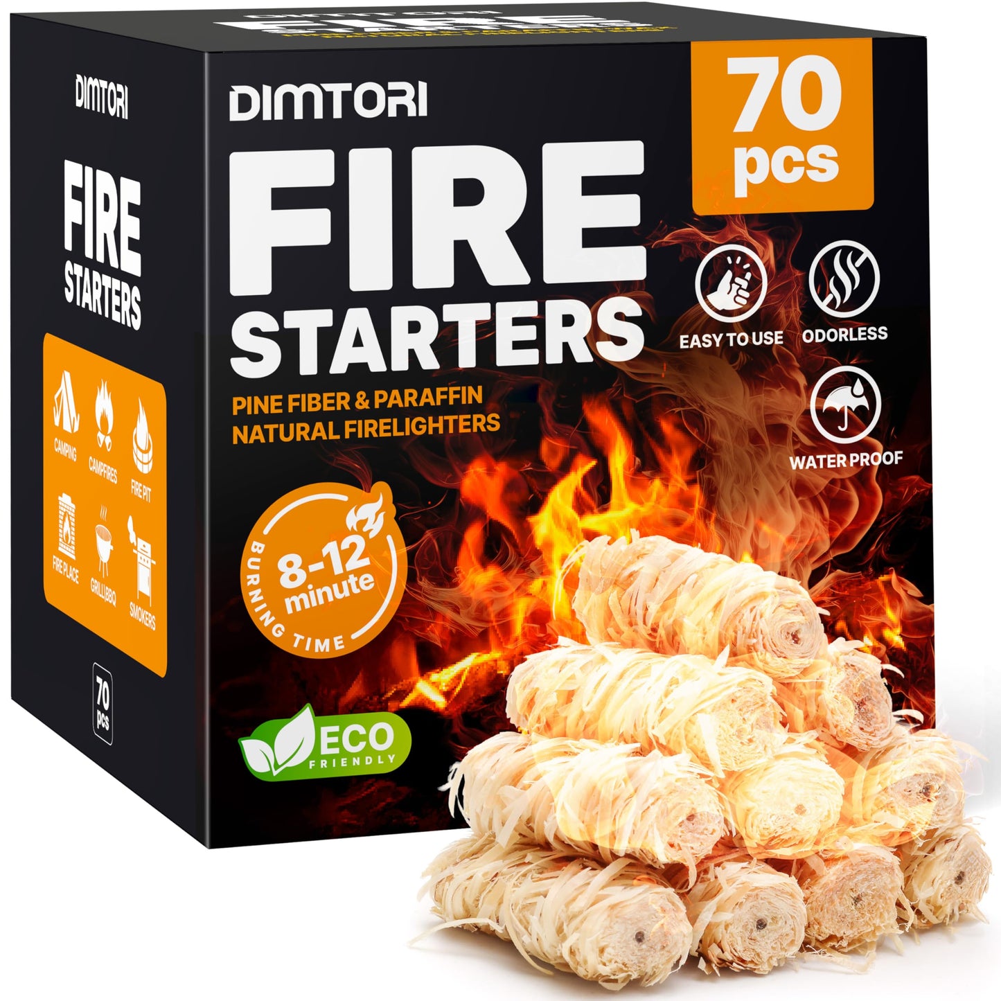 DIMTORI 70 pcs Fire Starter - Natural Fire Starters for Campfires, Fire Pit, Pizza Oven, Fireplace, Smoker, BBQ, Pellet Stove & Wood - Fire Starters for Grill, Charcoal Starter