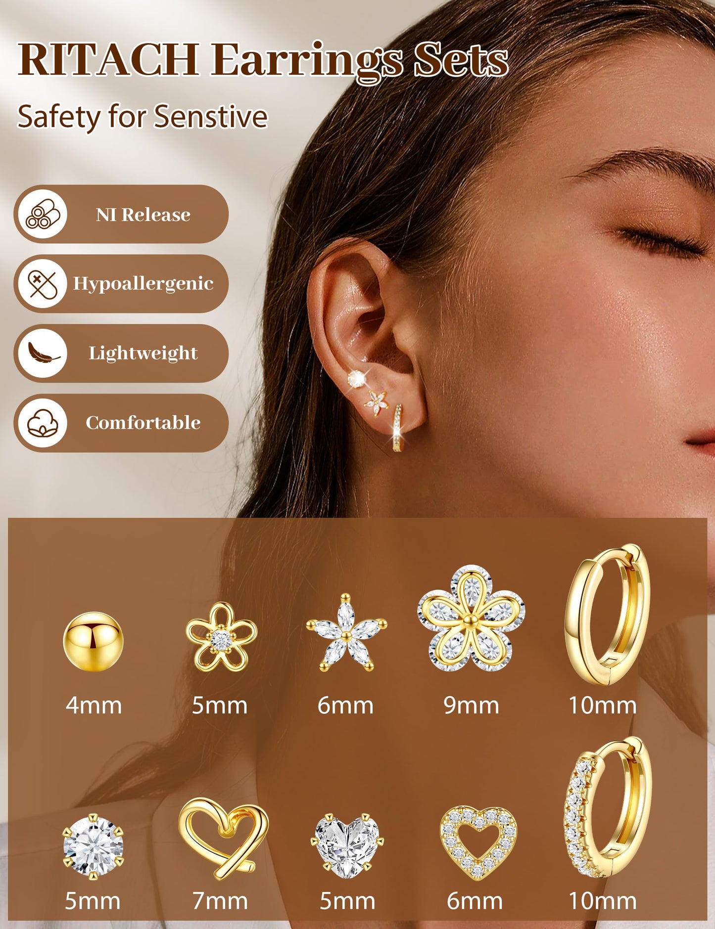 Small Gold Stud Earrings Set for Women - 14K Gold Plated CZ Huggie Hoops Hypoallergenic Earrings Dainty Flower Heart Stud Earring for Jewelry Gift