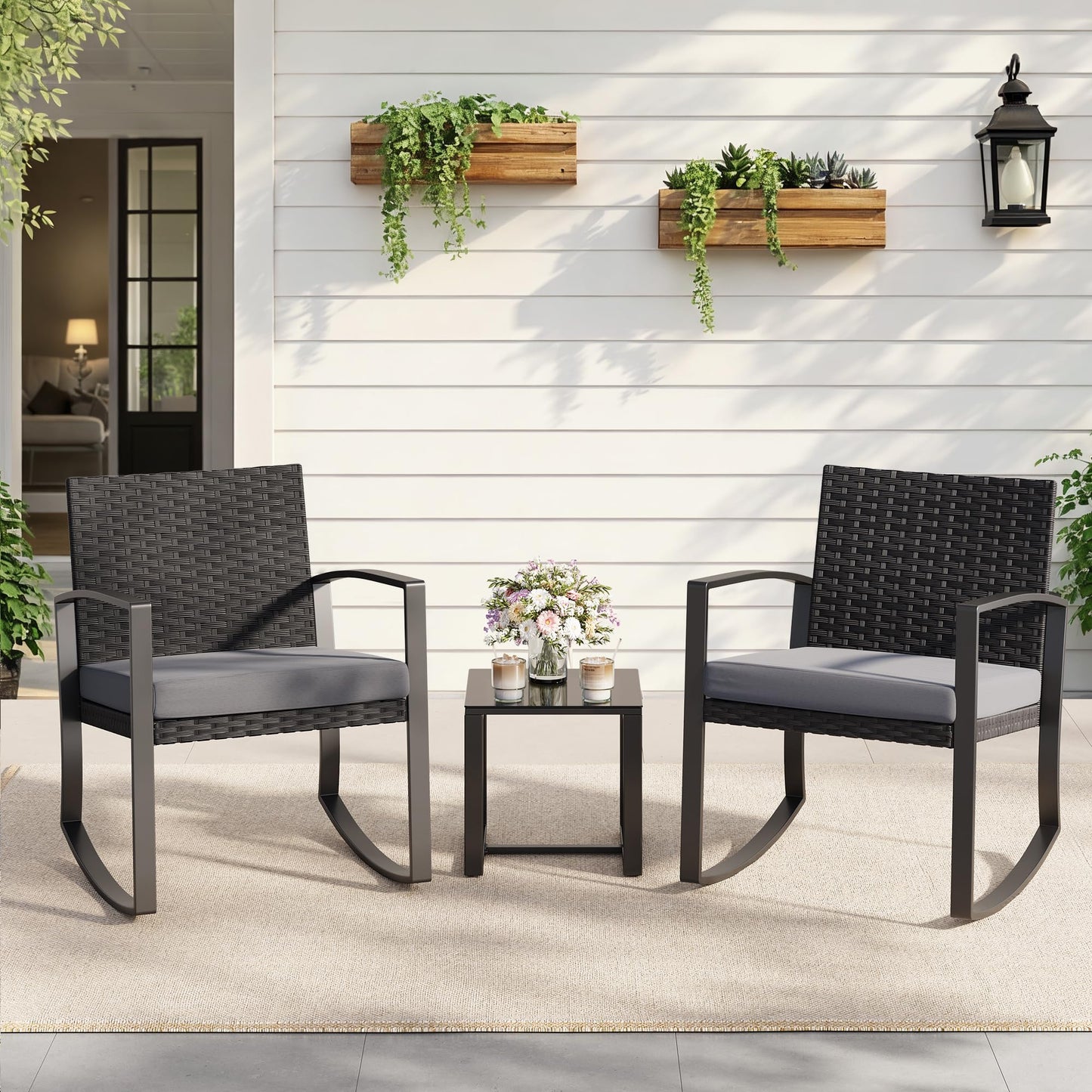 Qsun 3 Pieces Outdoor Patio Furniture Set Rocking Bistro Set Outdoor Rattan Conversation with Coffee Table for Garden Balcony Backyard Poolside (Grey Cushion)