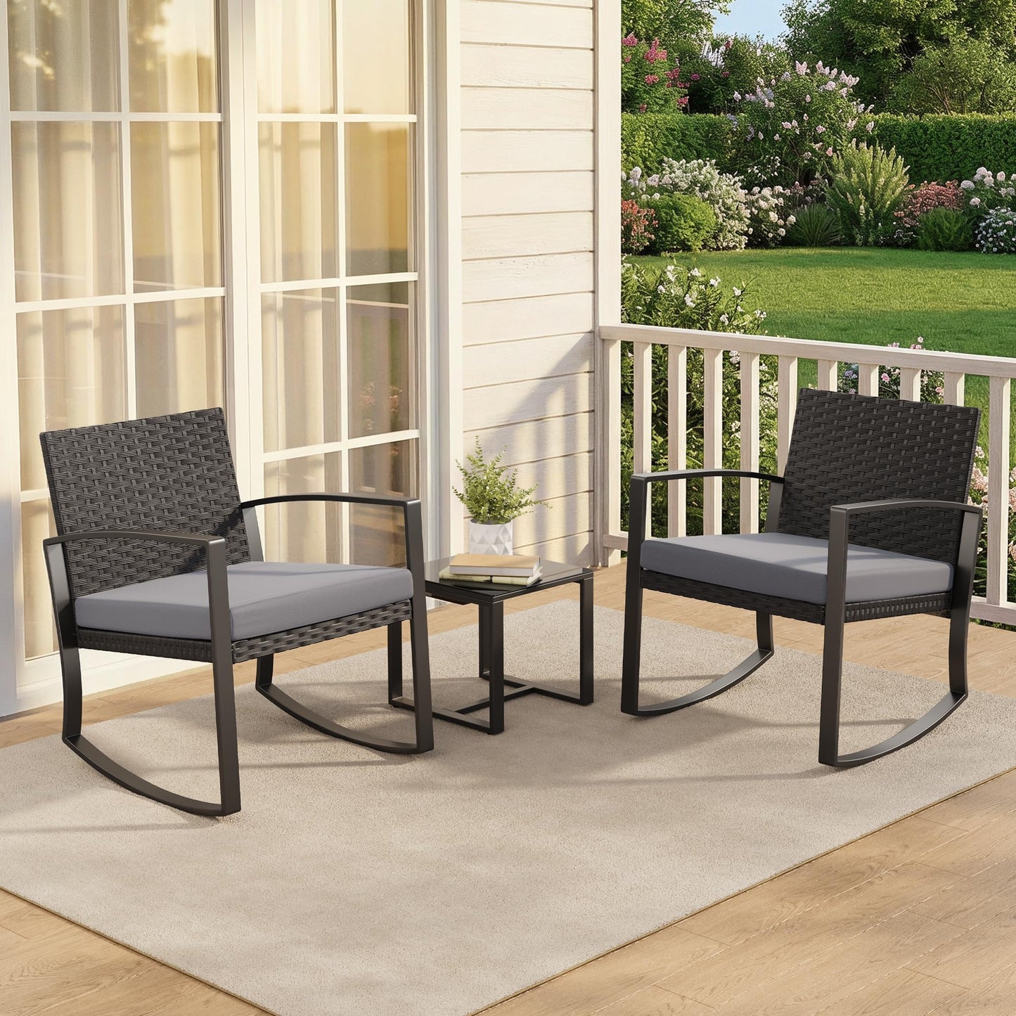 Qsun 3 Pieces Outdoor Patio Furniture Set Rocking Bistro Set Outdoor Rattan Conversation with Coffee Table for Garden Balcony Backyard Poolside (Grey Cushion)