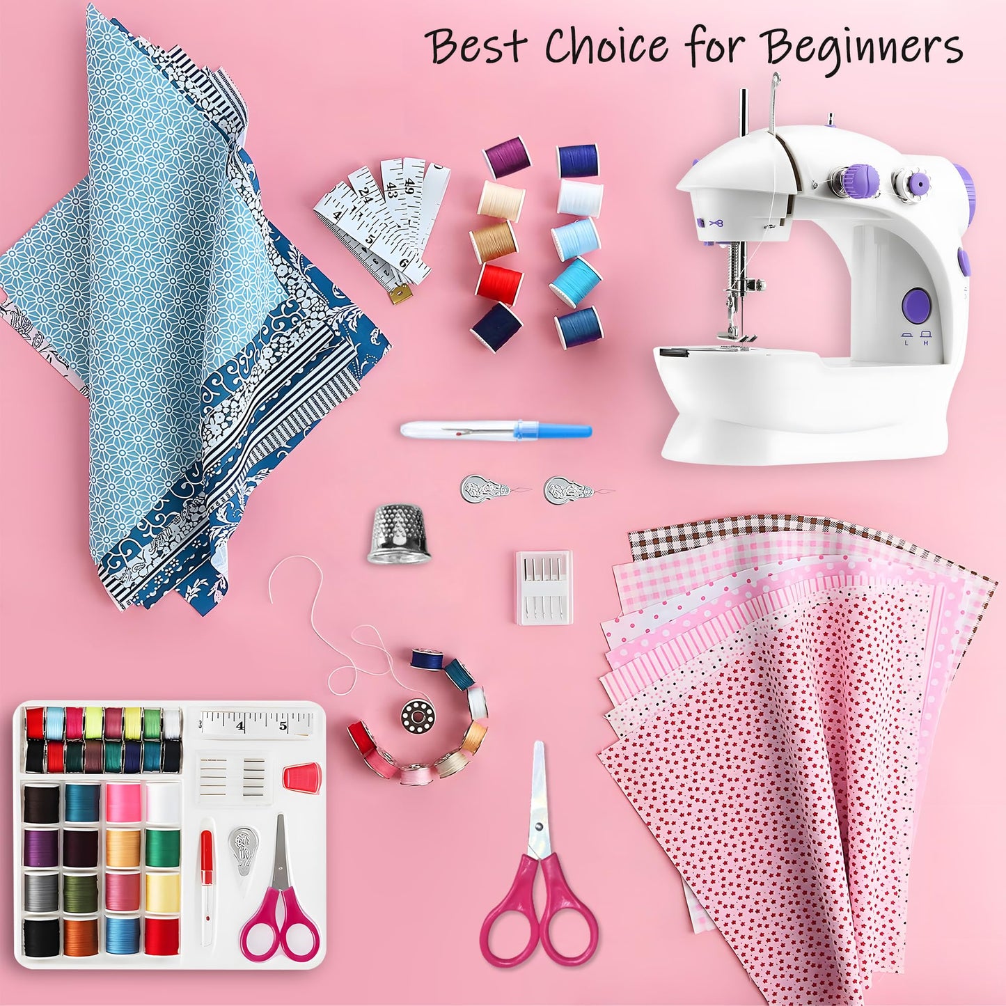 Mini Sewing Machine for Beginners-Maquina de Coser, Easy Automatic Sewing Machine with Extension Table, Household Electric Portable Sewing Tool with Sewing Kit, Small, for All Age, Kids or Adults