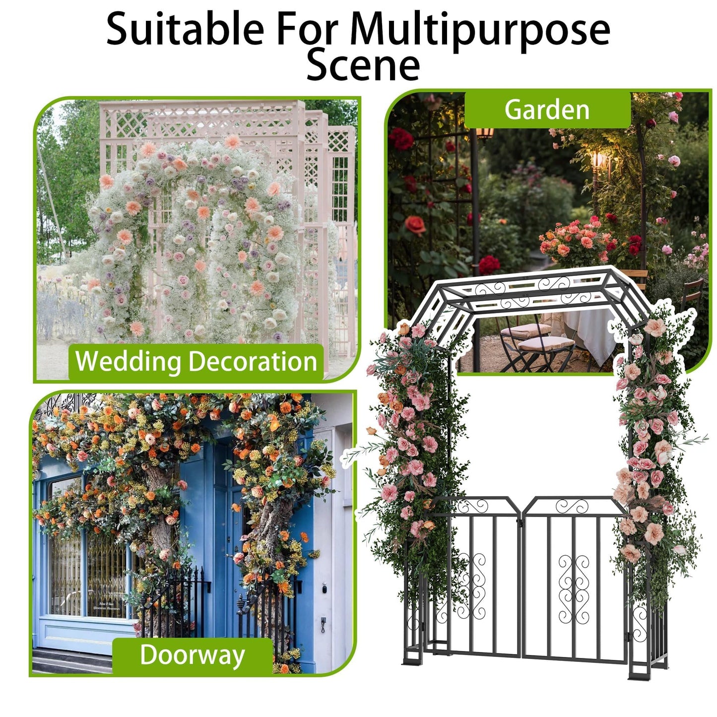 YOHKOH Garden Arch with Gate, Metal Garden Arbor with Gate, Double Lockable Design, 59" W x 15.7" D x 94.8" H Outdoor Arch for Climbing Plants, Heavy-Duty Outdoor Arbor for Wedding, Lawn and Backyard