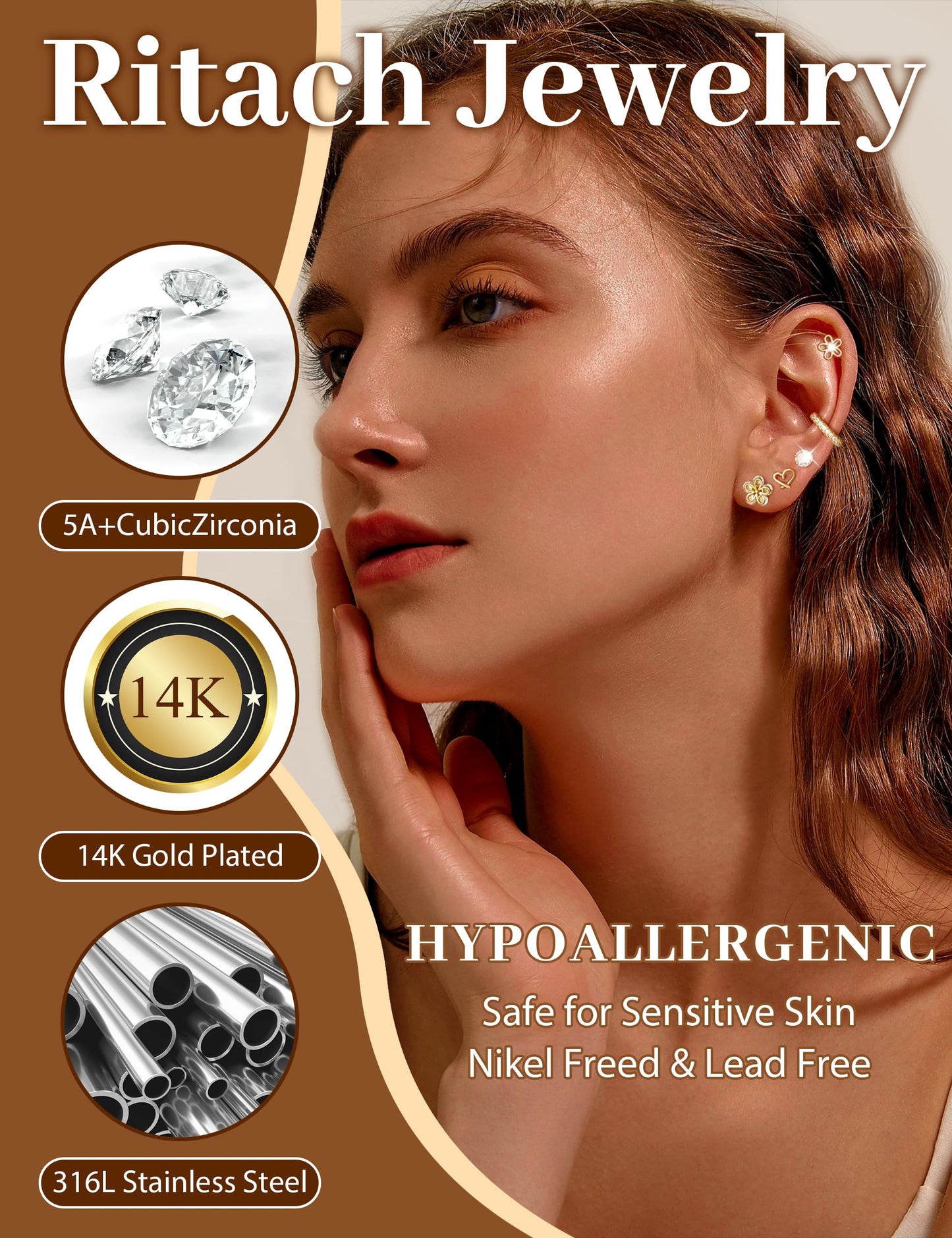 Small Gold Stud Earrings Set for Women - 14K Gold Plated CZ Huggie Hoops Hypoallergenic Earrings Dainty Flower Heart Stud Earring for Jewelry Gift