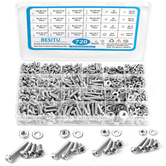 720Pcs Machine Screw Assortment Kit, #10-24#8-32#6-32#4-40 Phillips Pan Head Assorted Nuts Bolts and Flat Washers Kit, Stainless Steel Screws Hardware Assortment with Case